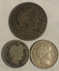LOT OF THREE SILVER BARBER COINS :: 1904-O QUARTER, 1897 DIME, 1910 DIME ::