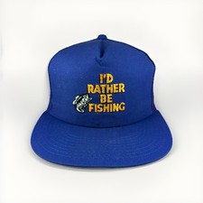 Vintage I'd Rather Be Fishing Hat 90s Blue Meshback Novelty Cap MADE IN USA