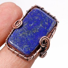 Lapis lazuli Gemstone Handmade Wire Wrap Copper Ethnic Jewelry Ring 8.75" PG 194