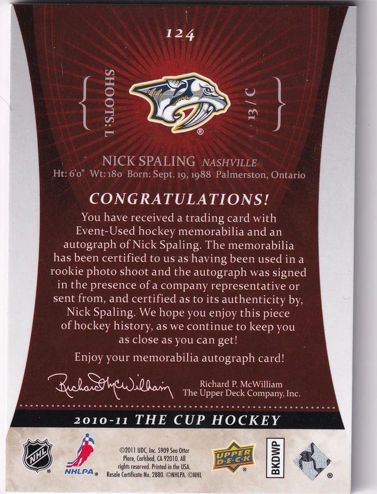 2010-11 The Cup #124 Nick Spaling JSY AUTO 25/249 RC - Image 2 of 2