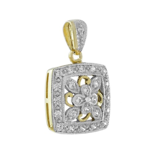 Diamond Vintage Style Floral Cluster Square Pendant in 14K Two Tone Gold - Picture 3 of 9