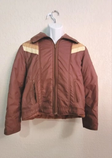 Early 80s Puffer Jacket Mens L Brown Nylon Polyester Zipper Pockets Color Block