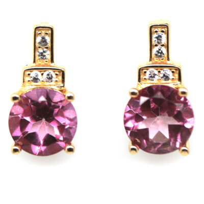 925 Sterling Silver 6 mm. Pink Mystic Topaz & White Zircon Statement Earrings
