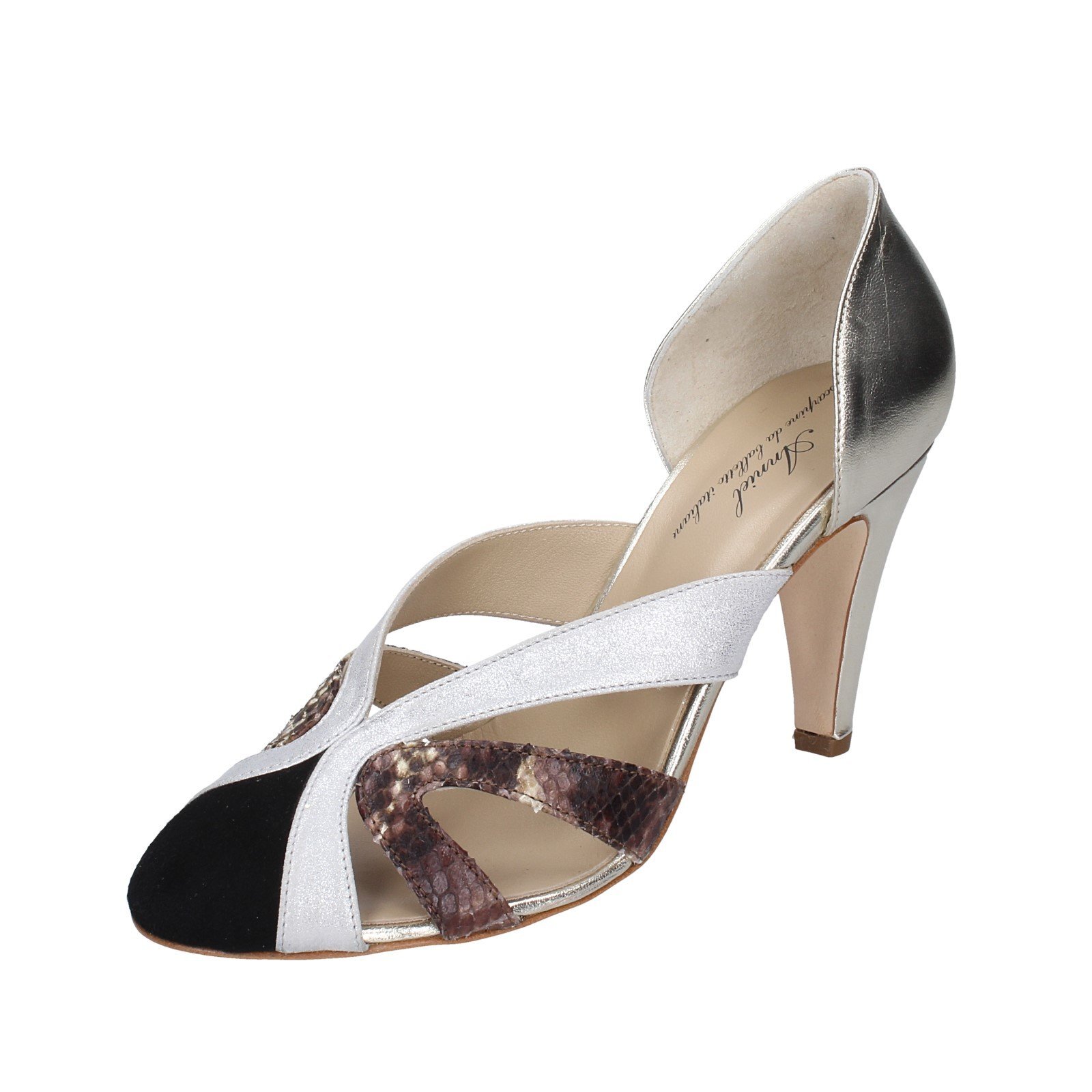 zapatos mujer ANNIEL de salón platino cuero negro gamuza EX237