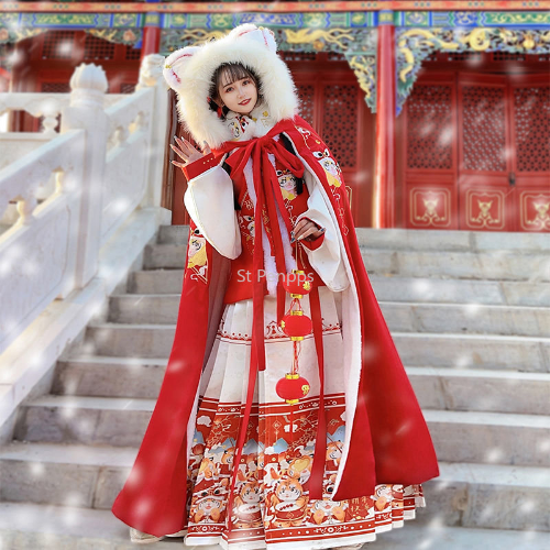 Cloak Hanfu Women Long Style with Velvet Coat Chinese Style Hooded Cape Ancient