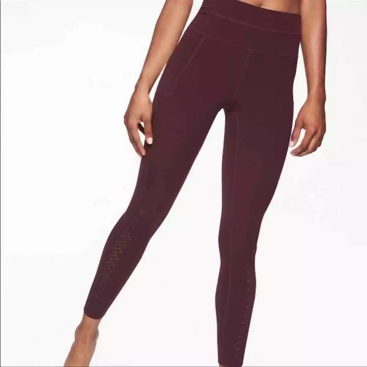 Athleta Maroon Red Niyama Leggings with Laser Cut Detail Side Pockets L
