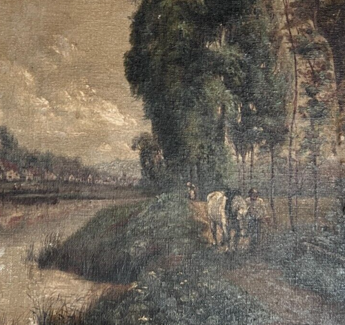 Dipinto originale a olio antico Paesaggio fluviale, uomo con cavallo,... - Foto 1 di 6