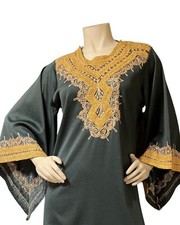Vintage 1970s Handmade Moroccan Green Gold Embroidered Kaftan Long Maxi Dress M