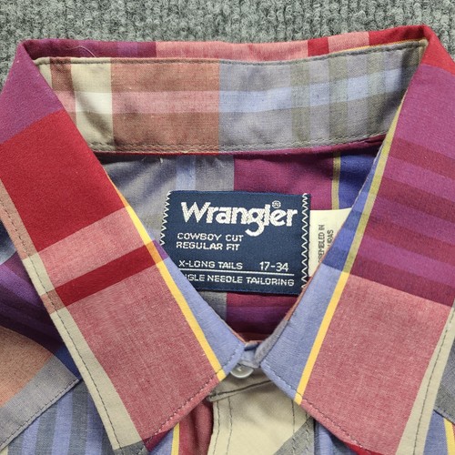 Men's Vintage Wrangler Cowboy Cut Shirt 17x34 X-Long Tails Pearl Snaps Blue Red - Picture 6 of 10