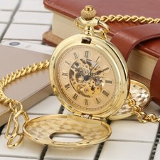 Mens Womens Pocket Watch Mechanical Gold Tone Steampunk Skeleton Chain Watches