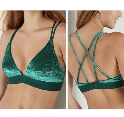 Victoria's Secret PINK Green Crushed Velvet Strappy Triangle Bralette Medium NEW