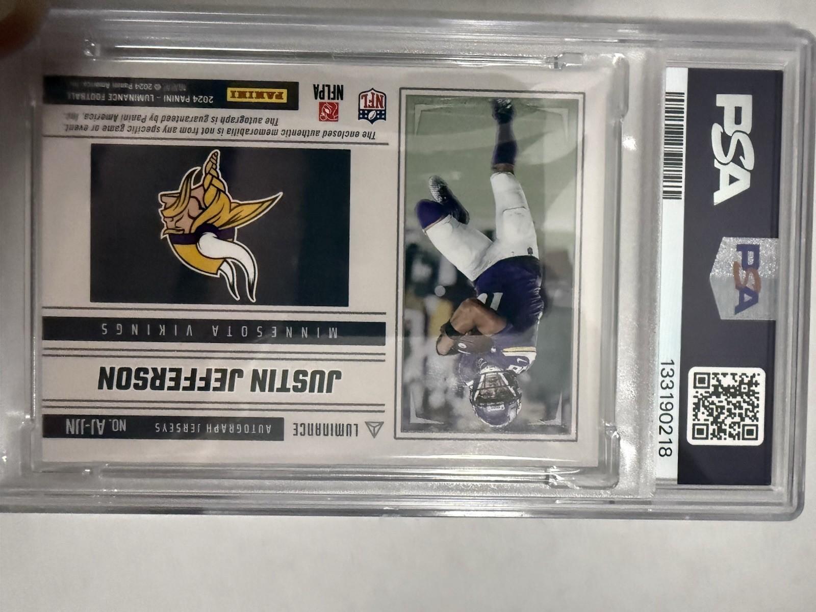 Panini 2024 Luminance Justin Jefferson Auto Jersey Gold /50 PSA 9 view 2