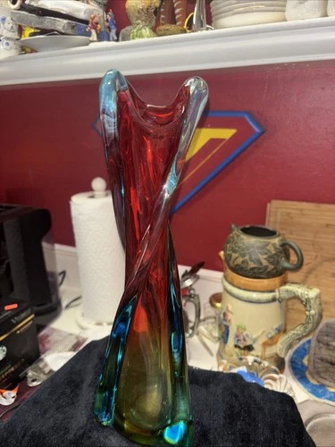 Stunning Vintage Murano Sommerso Twisted Art Glass Style Vase Circa 1950s.