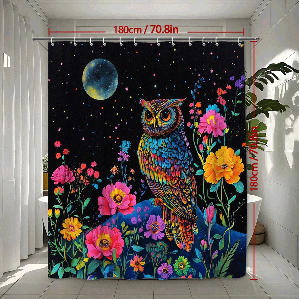 Búho místico con cielo nocturno brillante y flores vibrantes cortina de ducha Foto 3 de 4