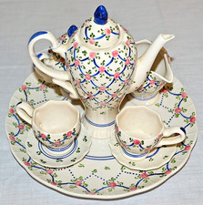 Vintage Miniature Porcelain 10 pc. Tea Set on Tray ROSE FLORAL PATTERN, Thailand