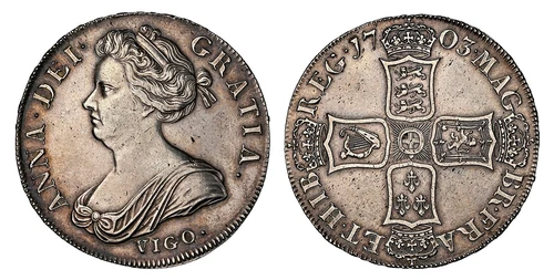 England Anne 1703 Vigo Crown. NGC AU50 SCBC-3576; ESC-99; Dav.-1338