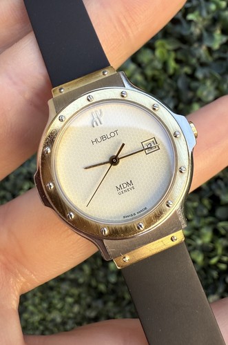 HUBLOT MDM GENEVE QUARTZ 1391.2 GOLD 18k STEEL DATE 28mm Extra Strap White Dial
