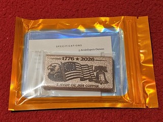 1776 2026 INGOT OF 5/FIVE OUNCES AVDP .999 FINE COPPER AS ISSUED SEALED #T4087