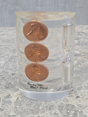 Vintage 1971 3 Penny Coin Resin Hourglass Paperweight Rocky Mountain Natnl Park