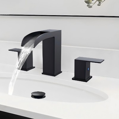 Black Bathroom Sink Faucet 3 Hole - Waterfall Bathroom Faucet 8 Inch Widespre...
