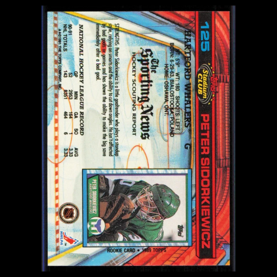 Peter Sidorkiewicz #125 1991 Topps Stadium Club Hartford Whalers Hockey Card NHL - Image 2 of 3