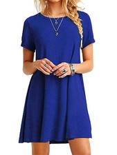 Elegant Short Sleeve Pleated Swing Round Neck Solid Color Loose Dress Women Casu