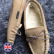 Men's Luxury Wool Lined Suede Moccasin House Shoes Slippers Soft Sole Handmade