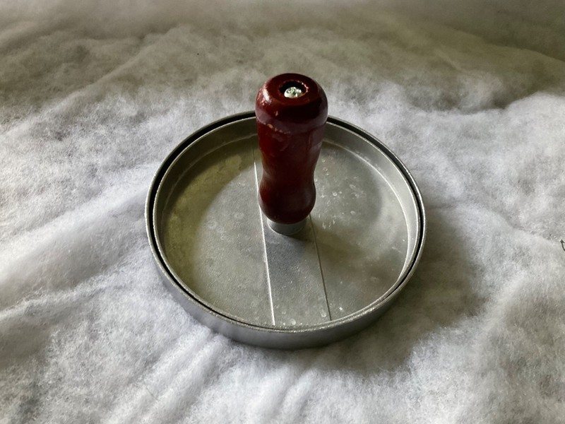 vintage aluminum patty/burger press 2 piece with red wooden handle