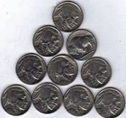 Count of Ten Circulated Buffalo Nickels 1913-1938 Fine