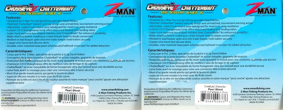 (LOT OF 2) Z-MAN CROSSEYEZ CHATTERBAIT 1/2OZ CBCE12-01 PEARL GHOST BN1310 - Image 2