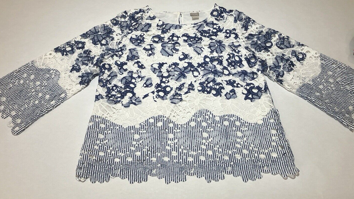 Chicos size 1 US8/10 crochet kit embroidered sheer lined blue white long sleeve