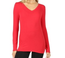 V-Neck Basic Long Sleeve Womens T-Shirt Casual Layering Top Tight Fitted Cotton