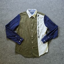 Tommy Hilfiger Shirt Mens Size Medium Green Blue Spell Out Logo Rodeo Slim Fit