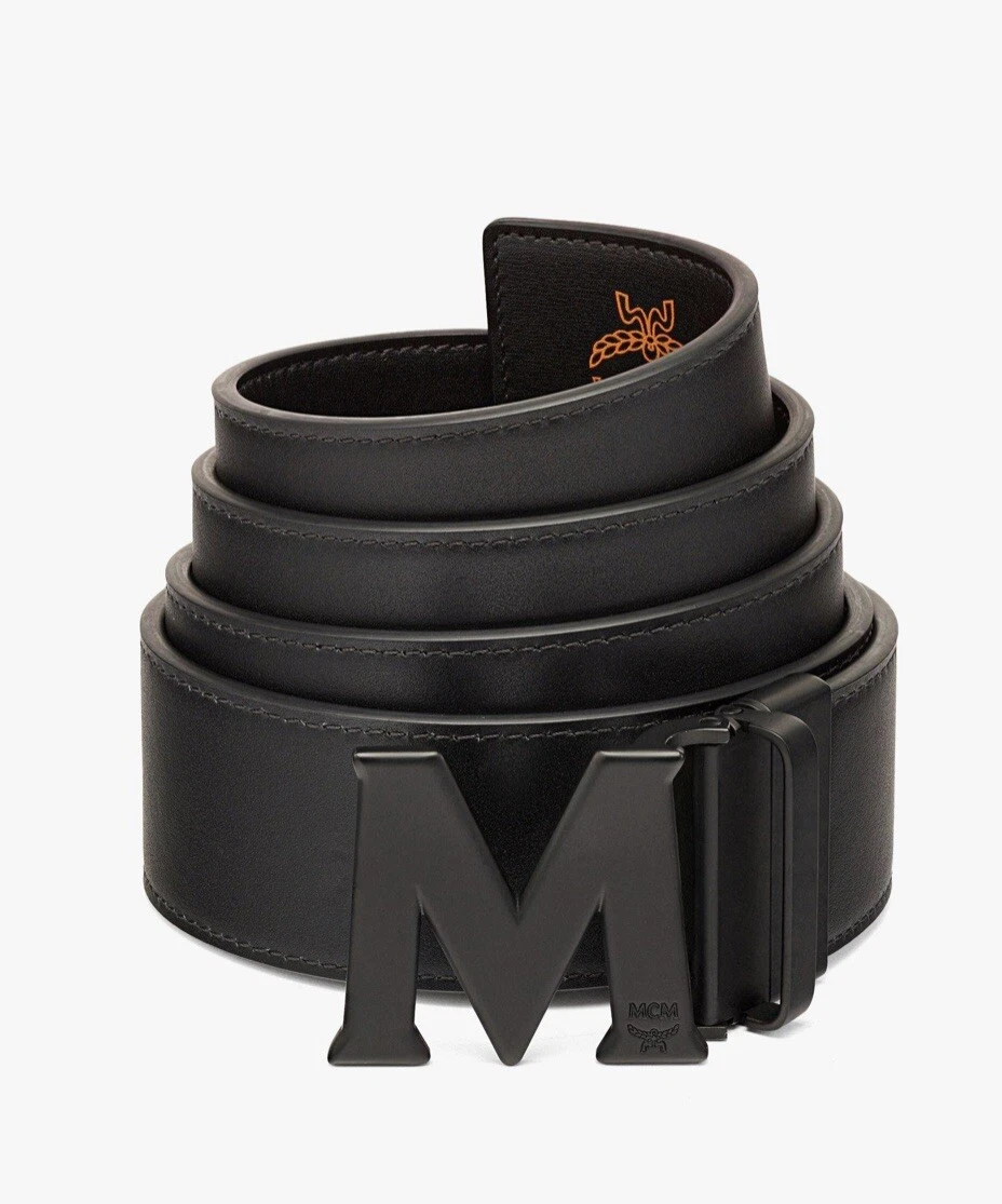 MCM Men Orange M Logo Buckle Monogram Reversible Leather Belt One 