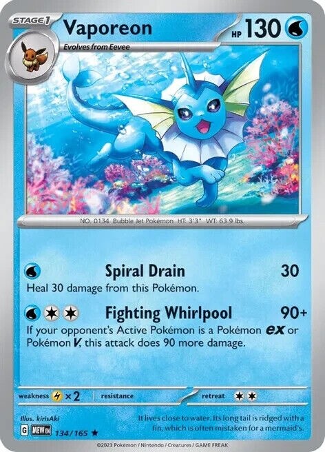 Pokemon 151 - VAPOREON 134/165  - Holo Rare - NM/M