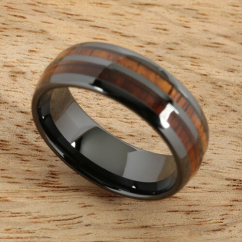 Black Ceramic with Hawaiian Koa Wood  Ring Comfort Fit 6mm(Oval Style) - Picture 1 of 2