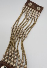 Vintage Boho Multi Strand Metal Bead Leather Snap Bracelet Ethnic Tribal Hippy