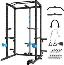 Power Cage Power Rack with J-Hooks Dip Handles Pulley System for Home Gym