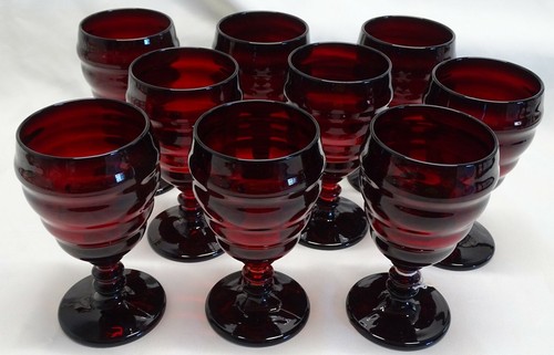 Elegant Ruby Red Horizontal Rings Set of 9 Water Goblets 5 3/4" - Picture 2 of 6