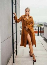 Women Pure Goatskin Brown Suede Leather Trench Coat Long Double-Breasted Belted
