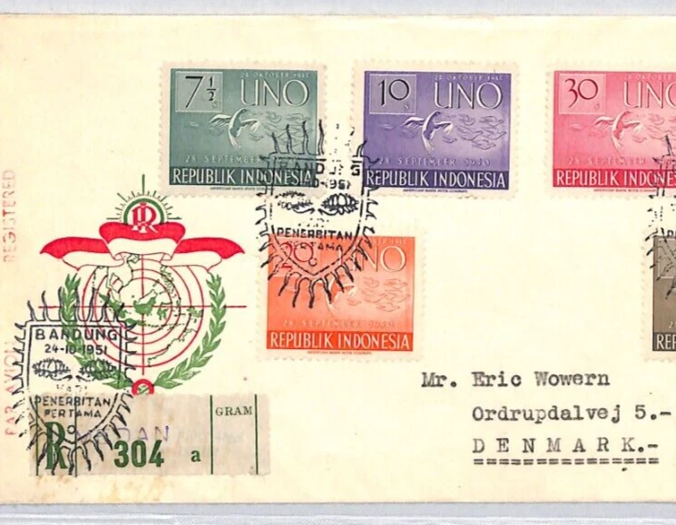 INDONESIA 1951 Cachet FDC Naciones Unidas DOVES correo aéreo registrado AVES YE174 Foto 4 de 4