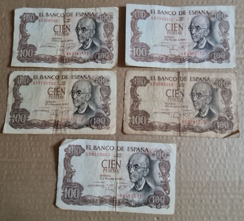 5 x 100 Pesetas Notes 1970  - All Circulated - Picture 1 of 13