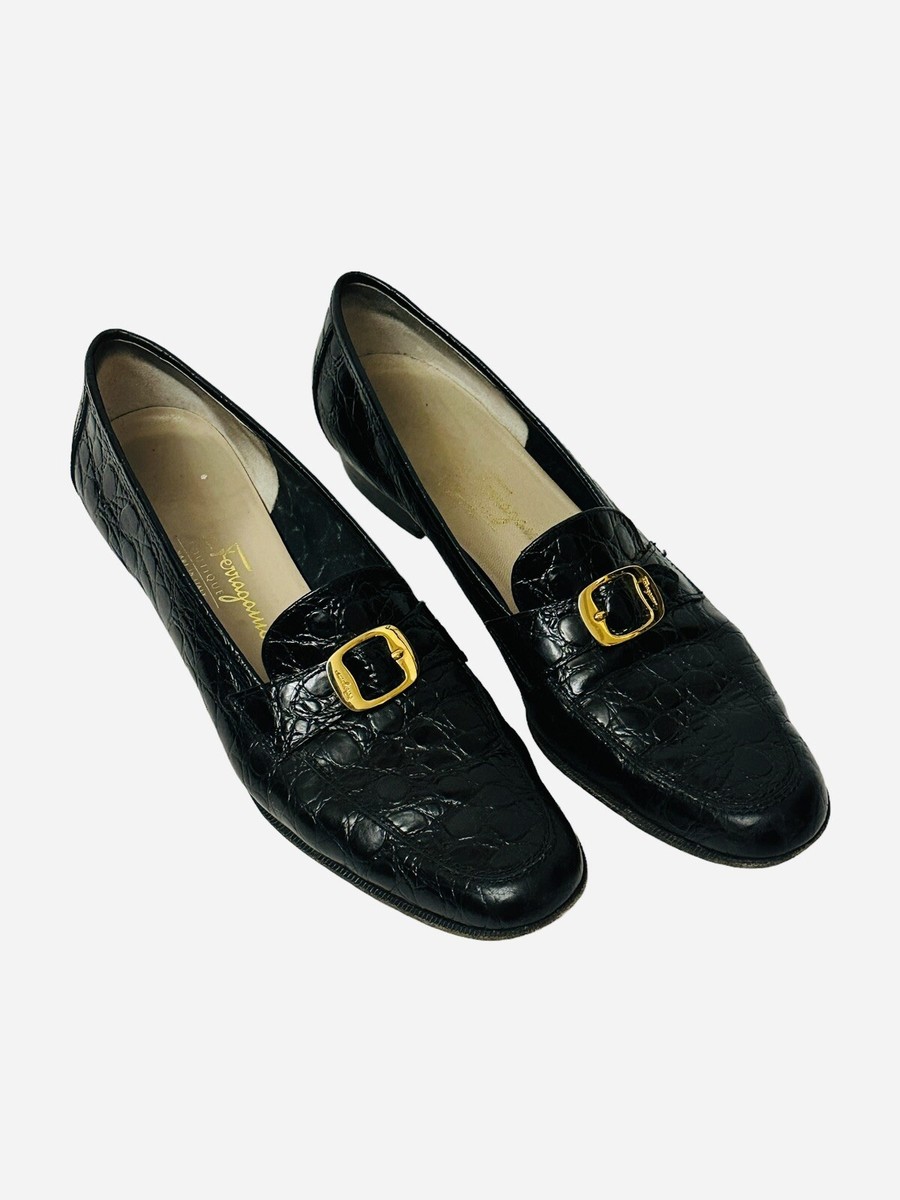 Salvatore Ferragamo Black Textured Loafers with Gold Accents SALVATORE FERRAGAMO Size 8.5 Black Gold Loafers – Sui  main image 2