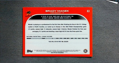 2022-23 Topps NBL Blue #63 Brady Manek RC Perth Wildcats - Picture 2 of 2