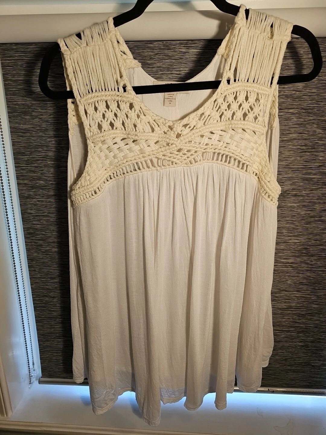 OFF WHITE Top Boho Vintage America Blues Taglia M Uncinetto Senza Maniche Bianco Contadino Donna