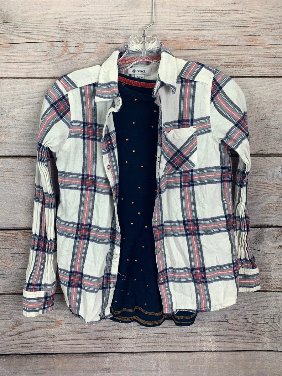 Tractr Two Piece Layering Shirt Set White Plaid Flannel Navy Size