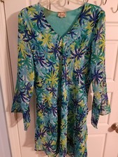 KUSHI  FLORAL PRINT WOMEN DRESS SIZE 22 GREEN AND BLUE SEQUIN LONG SLEEVE 