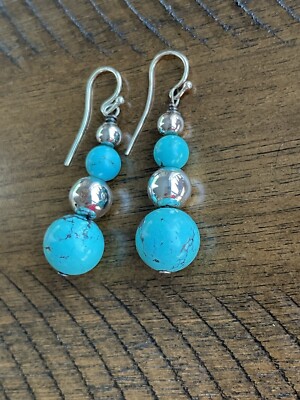 SX Sally C 925 Silver Beads Turquoise Dangle Earrings