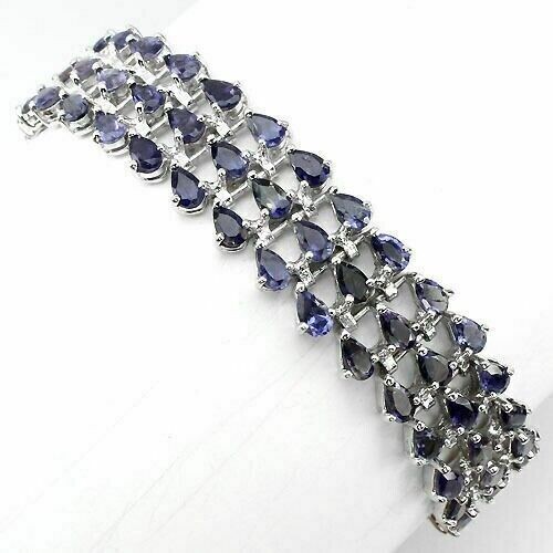 Silver Bracelet Iolite Genuine Natural Mined Gems Solid Sterling 3 Row 7 Inch - Picture 1 of 24