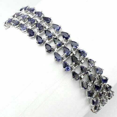 Bracelet Blue Purple Iolite Genuine Mined Gems Sterling Silver 3 Row Design 7 In - Picture 1 of 24